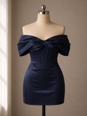 House of CB Nurul Satin Off Shoulder Mini Dress Navy Small